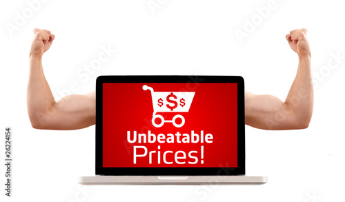 Laptop with unbeatable prices and shopping cart sign