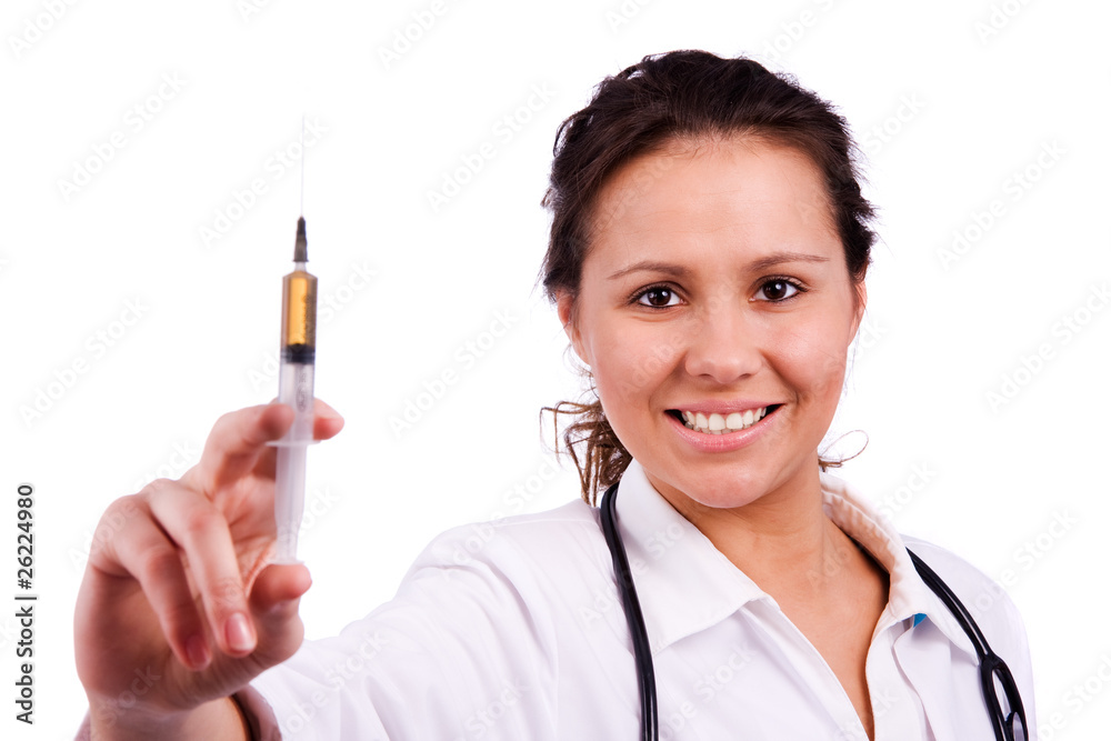 Happy lady doctor with syringe Happy lady doctor with syringe
