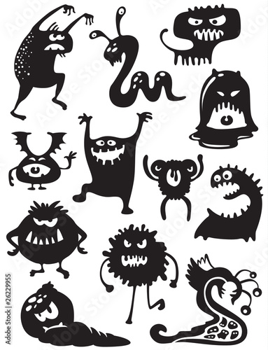 Silhouettes of cute doodle monsters-bacteria photo