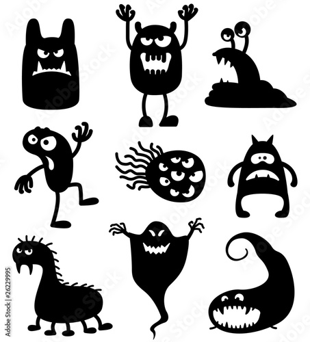 Silhouettes of cute doodle monsters-bacteria