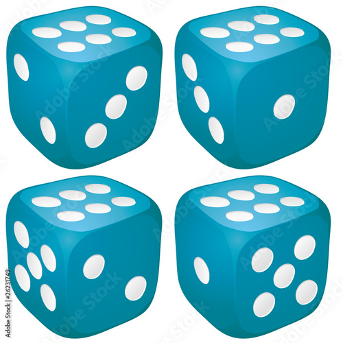 Set of blue casino craps, dices with six points, vector