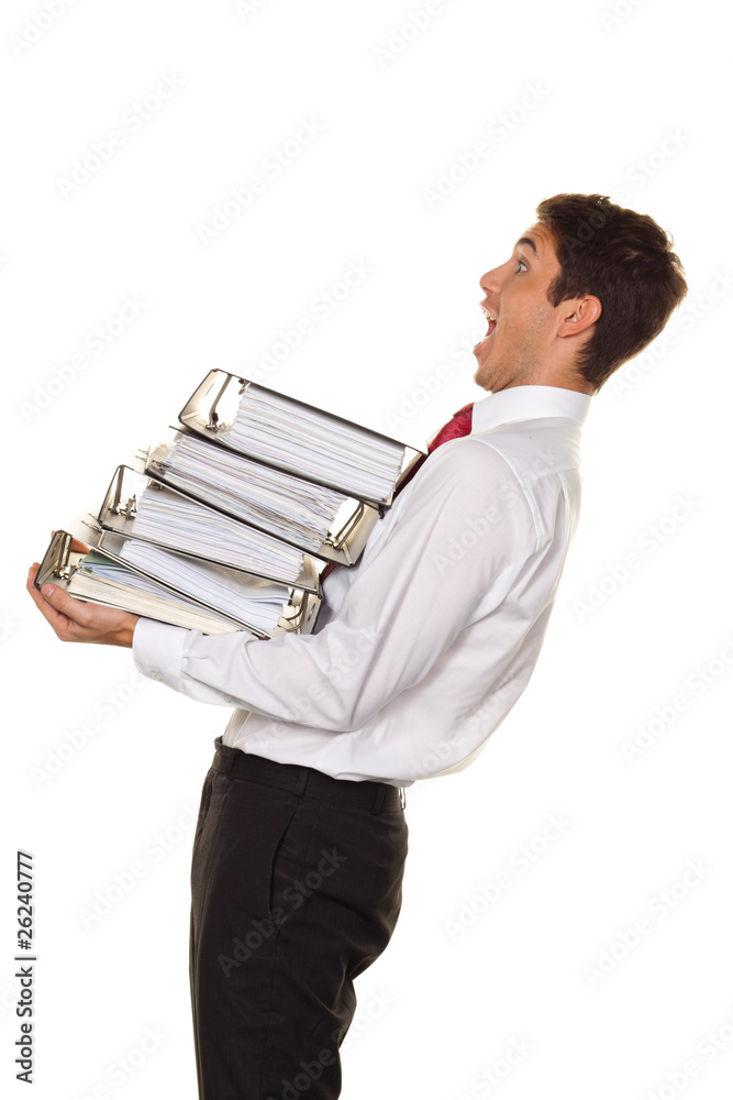 Manager im Stress mit Akten Stapel. Bürokratie in Verwaltun Manager im Stress mit Akten Stapel. Bürokratie in Verwaltun