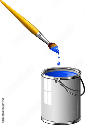 Bucket of blue paint and a brush