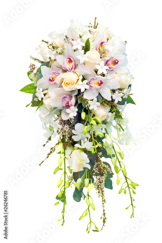 Wedding bouquet with lillies, roses isolated on white