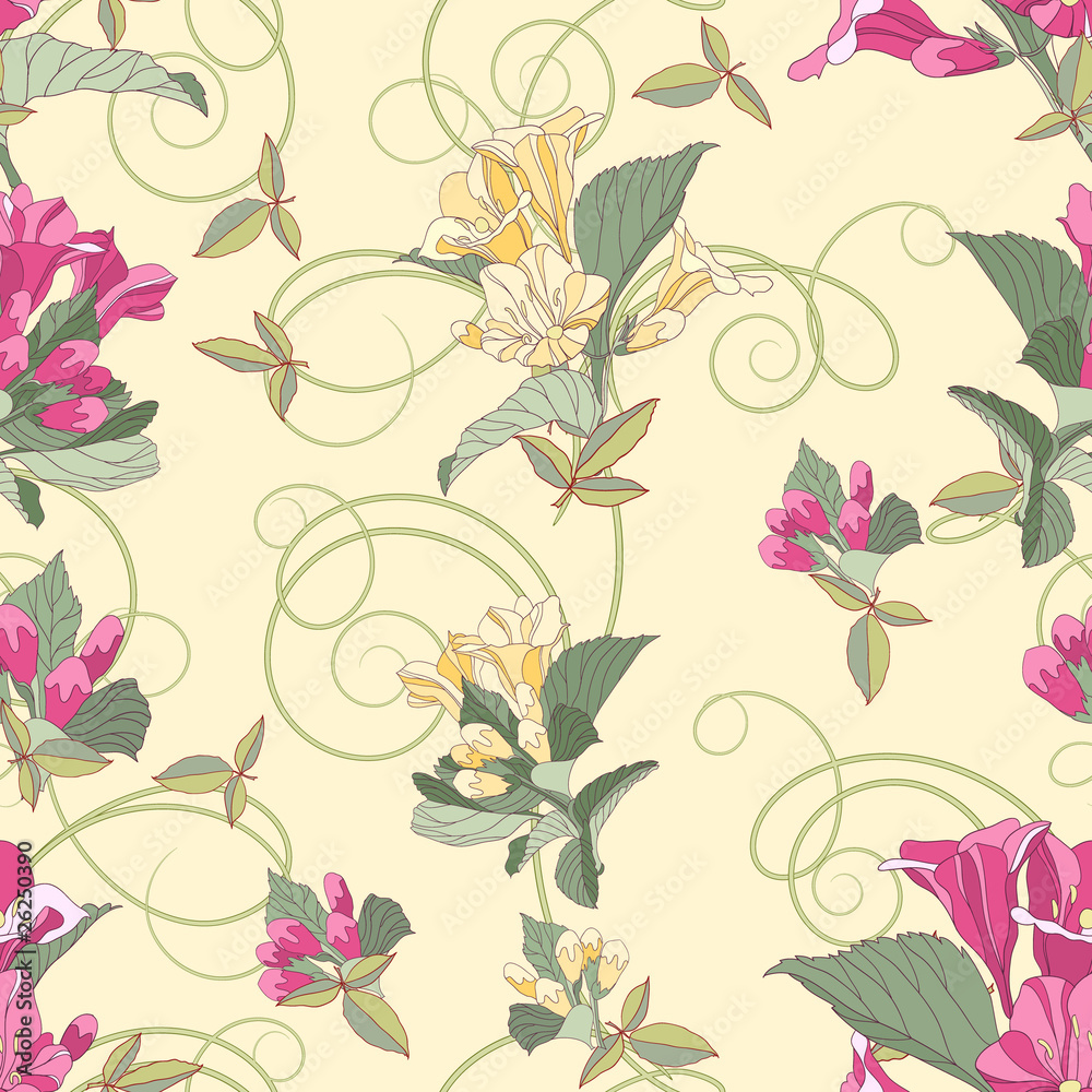 Pink and white flowers, seamless background