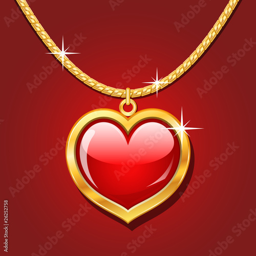 Golden necklace with glossy ruby heart
