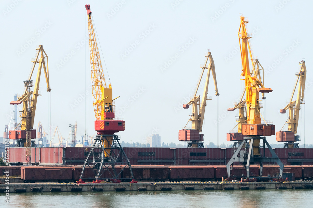 Trading port with cranes, containers and cargoes