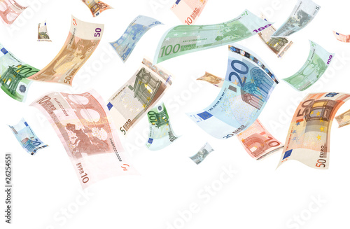 Falling euros on white background (copyspace below)