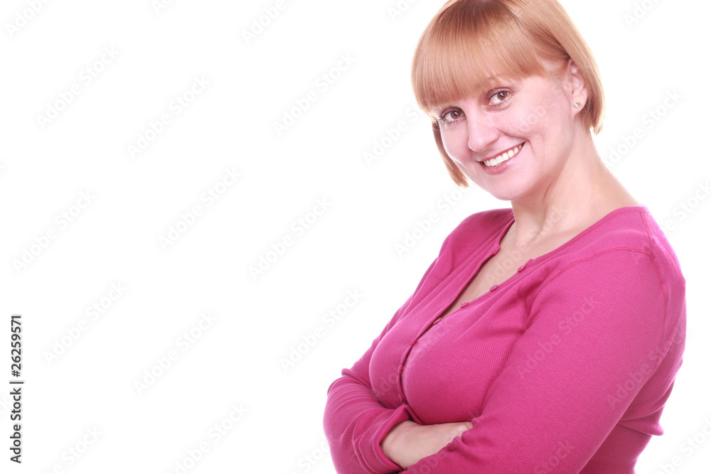 Smiling middle-aged woman in red sweater Smiling middle-aged woman in red sweater