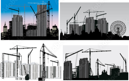 four scenes with house building
