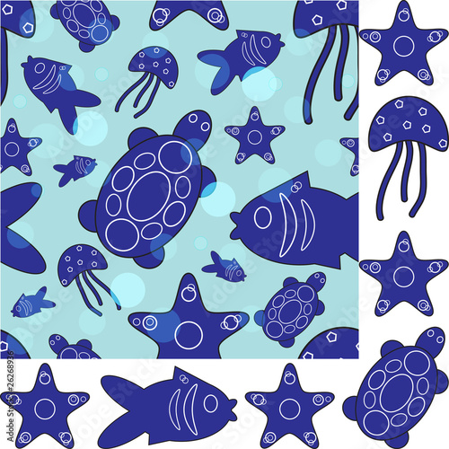 vector seamless marine life composition with a set of marine cre
