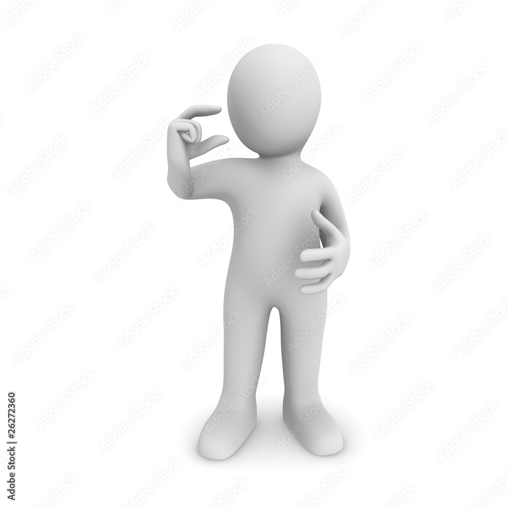 3d man holds a very small item in a hand. 3d man holds a very small item in a hand.