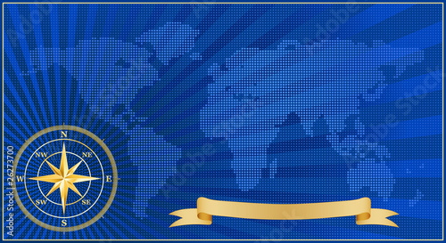 Vector halftone map with gold windrose and ribbon