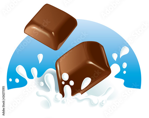 Chocolate pieces splashing in milk. Vector illustration