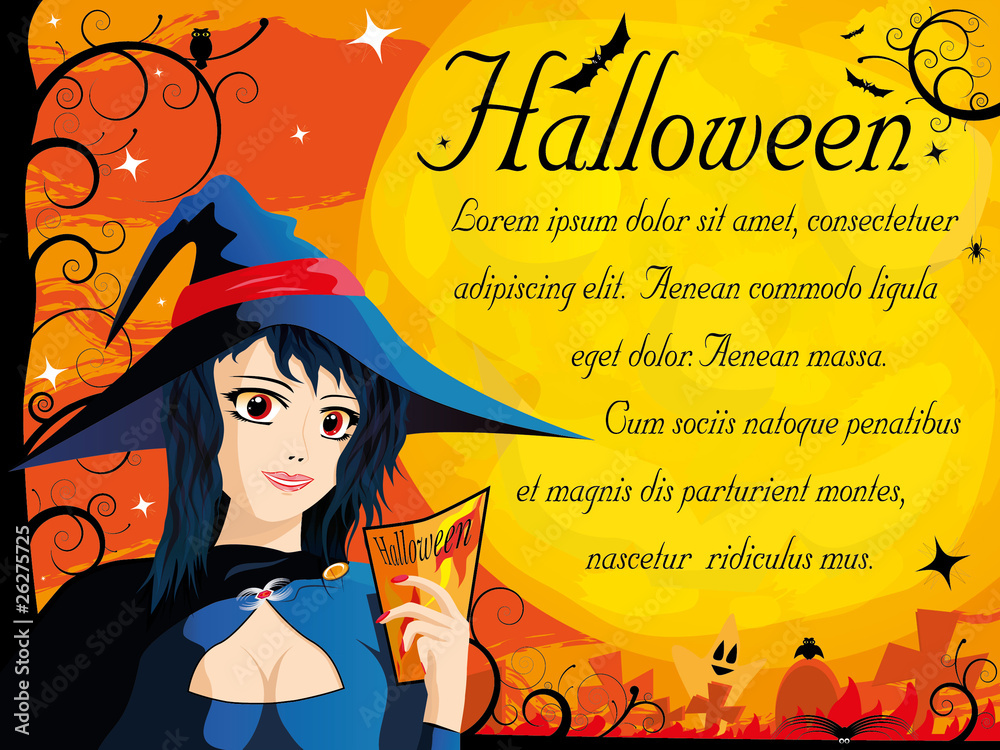 Halloween card with young witch