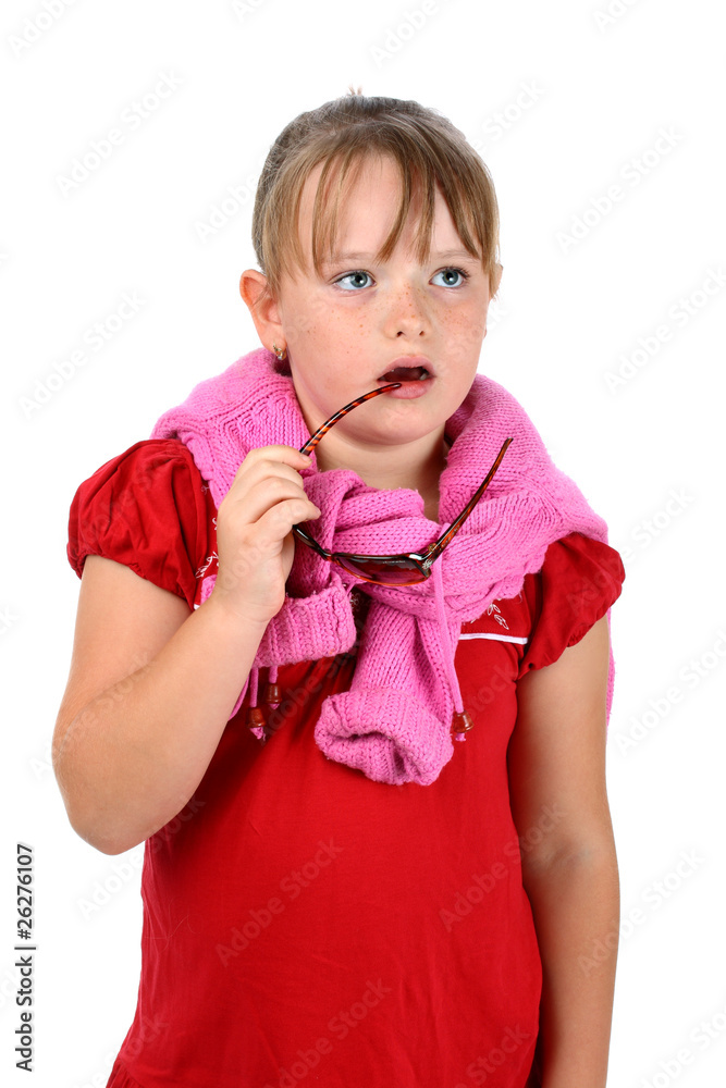 Small girl thinking about something isolated on white