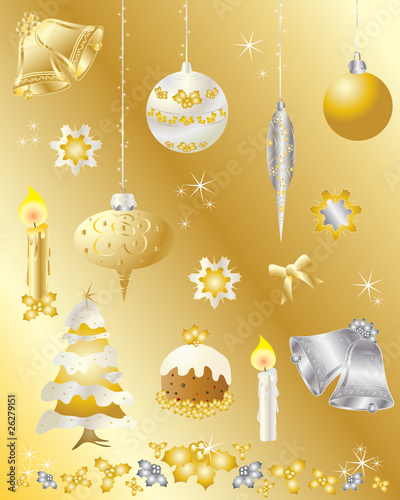 christmas design elements set in gold and silver
