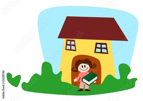 Illustration: Kind mit Buch vor der Schule