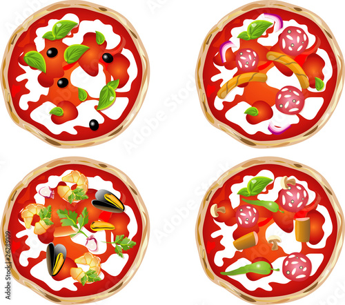 Pizza slices with pizza ingredients of different kinds. Image for pizza menu.