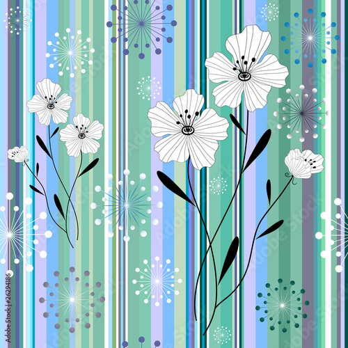 Seamless white-blue floral striped pattern