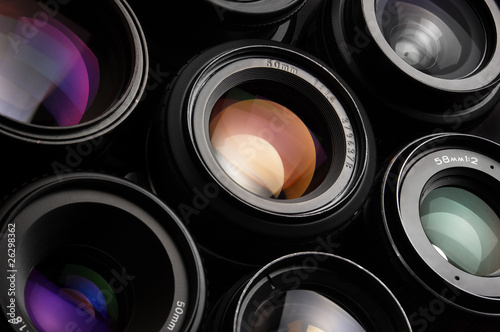 Group of colorful camera lenses
