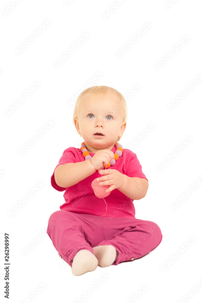 cute adorable baby play with pink thread on white cute adorable baby play with pink thread on white