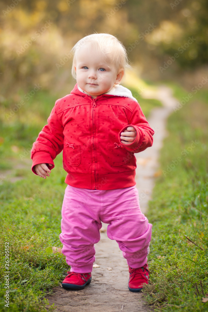 young adorable baby walking by the road in field near forest young adorable baby walking by the road in field near forest