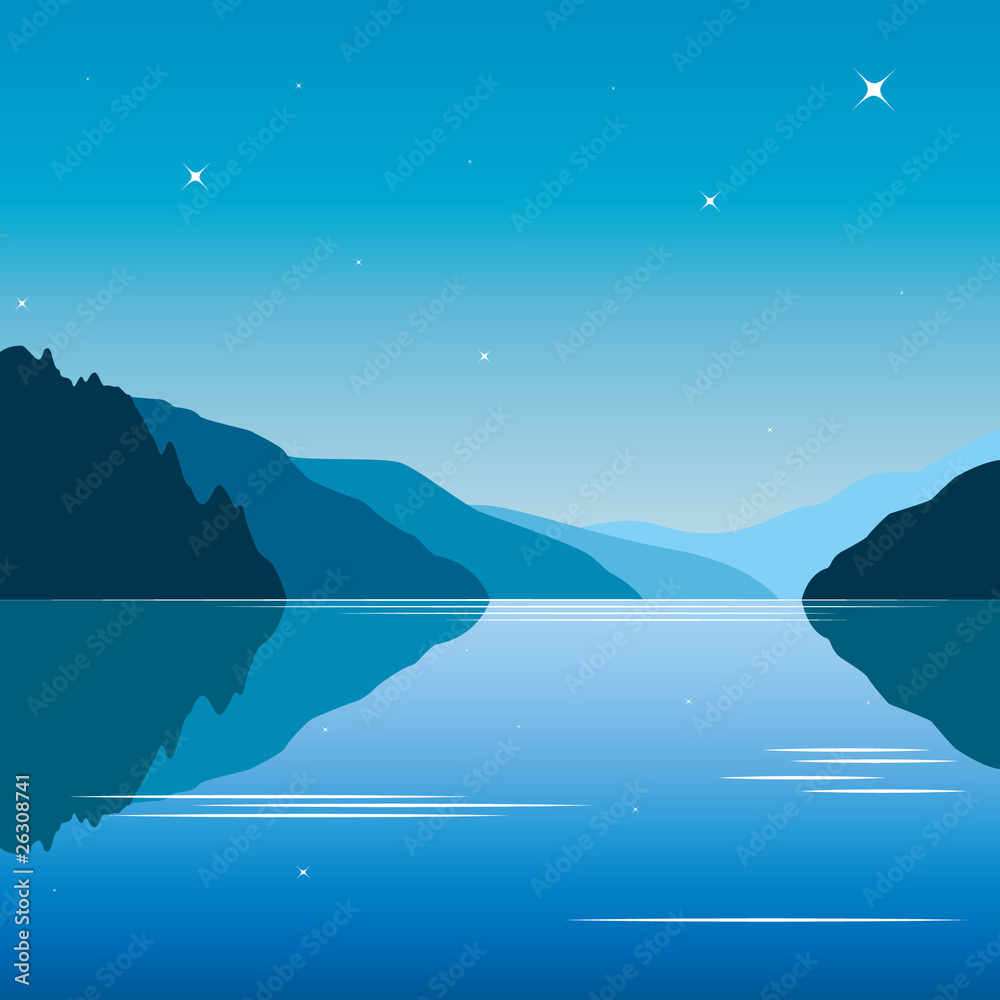 Blue lagoon background vector with mountains