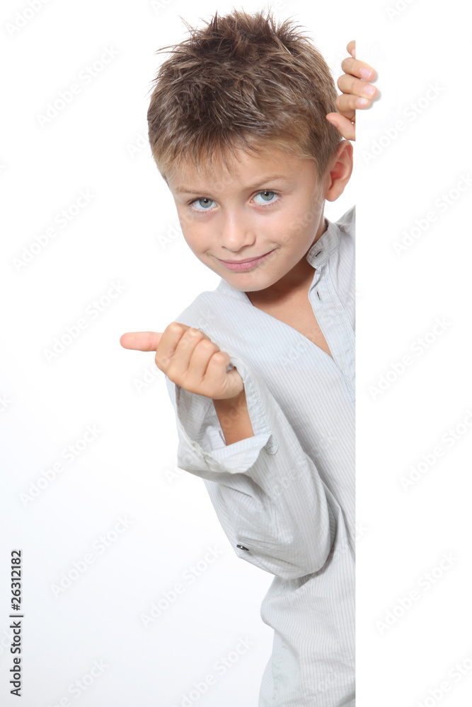 Little boy with message board on white background Little boy with message board on white background