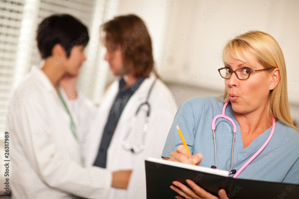 Alarmed Medical Woman Witnesses Colleagues Inner Office Romance Alarmed Medical Woman Witnesses Colleagues Inner Office Romance
