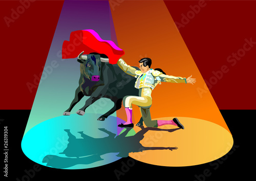 Spanish Matador and black Spanish bull. Bullfighter