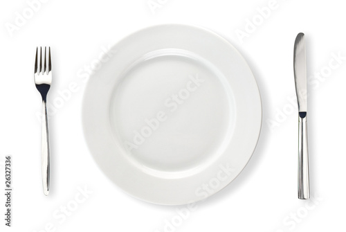 Knife, white plate and fork...