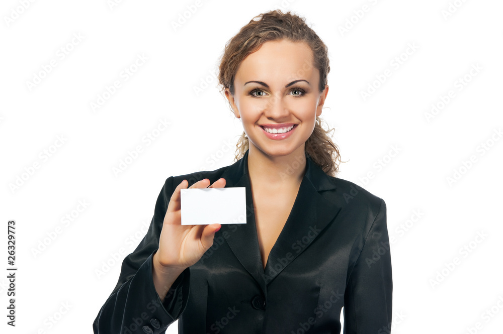 businesswoman in black suit holding blank empty sign businesswoman in black suit holding blank empty sign
