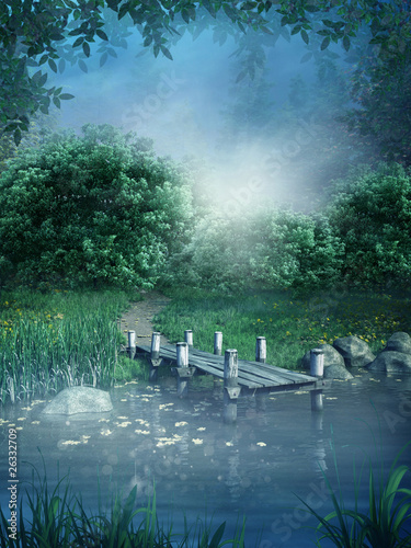 Fototapeta Niebieska sceneria z jeziorem i kładką