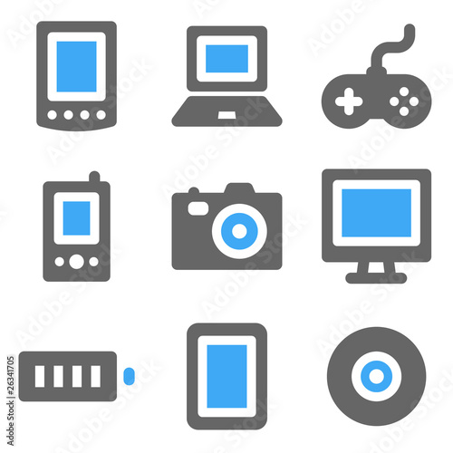 Electronics web icons, blue and grey solid icons