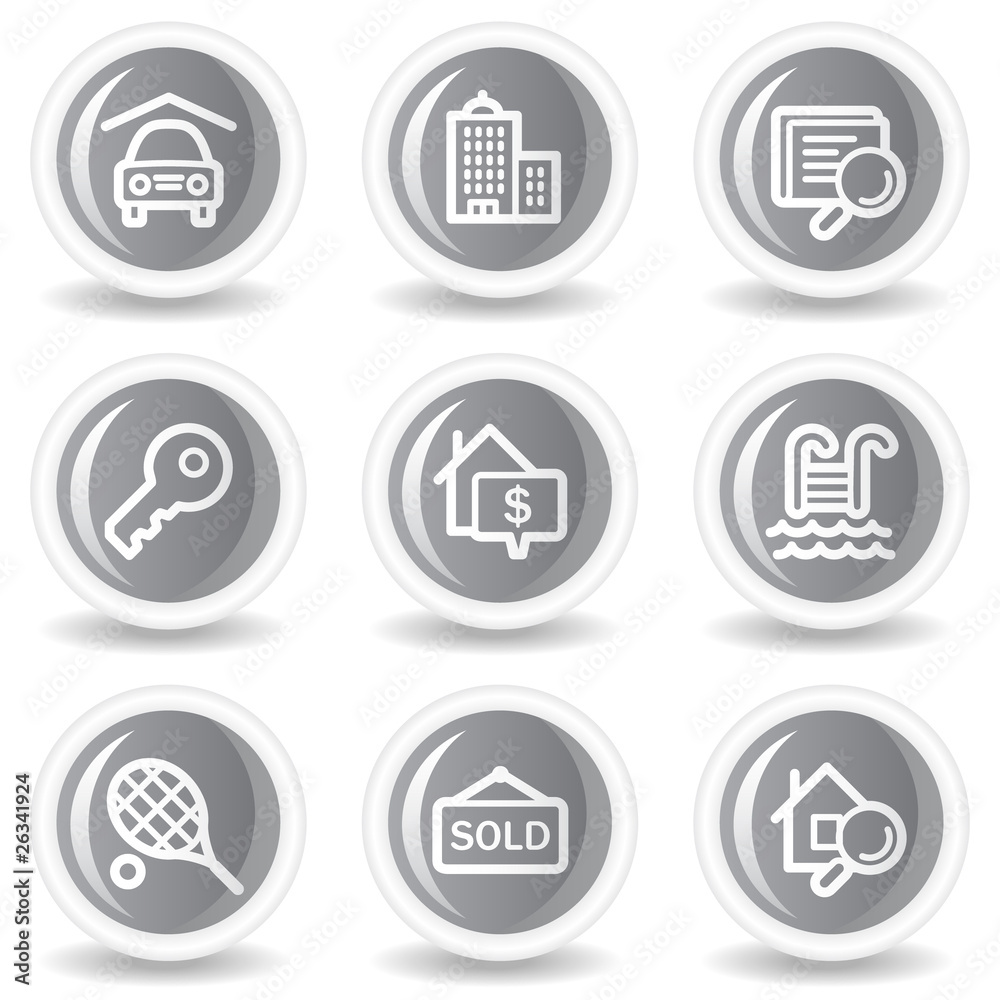 Real estate web icons, circle grey glossy buttons Real estate web icons, circle grey glossy buttons