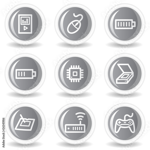 Electronics web icons set 2, circle grey glossy buttons