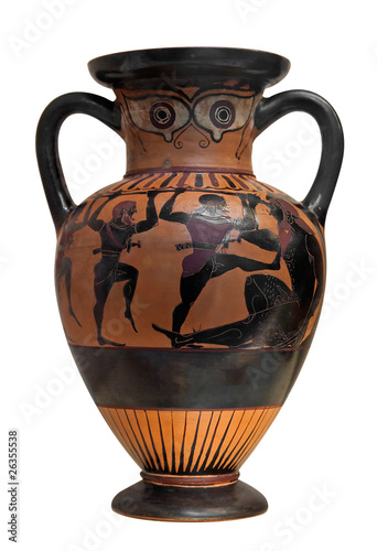 Ancient greek vase depicting Ulysses fighting the cyclop  isolat
