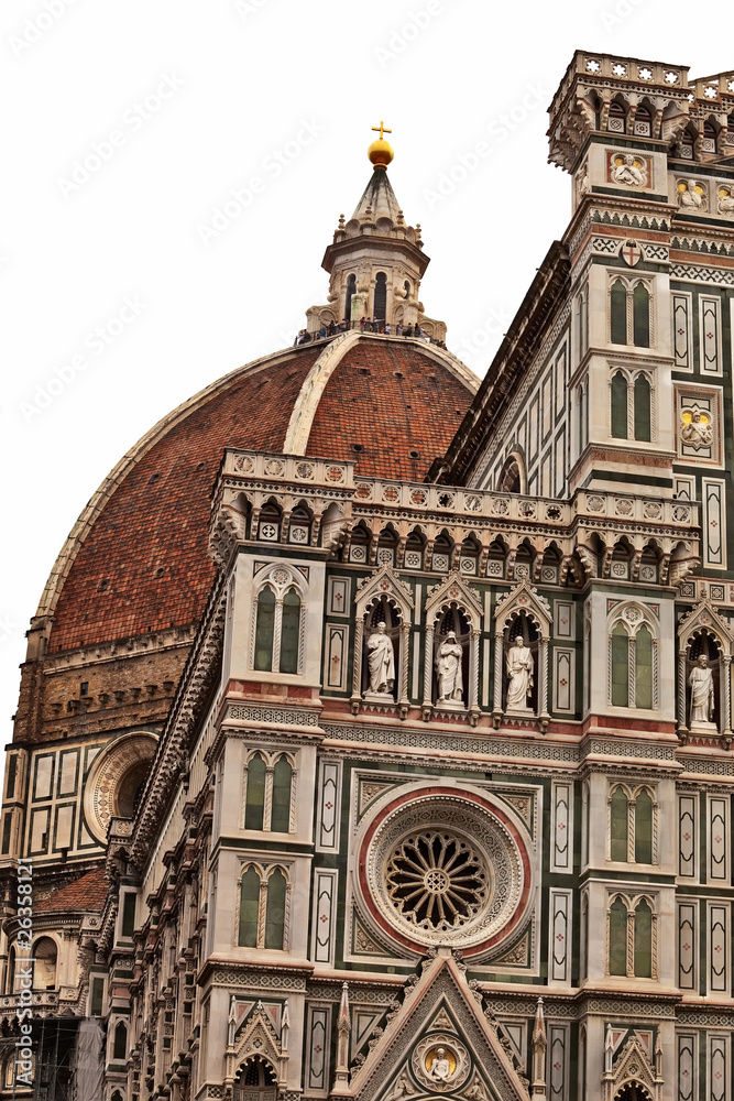 Florence cathedral dome closeup over white background.