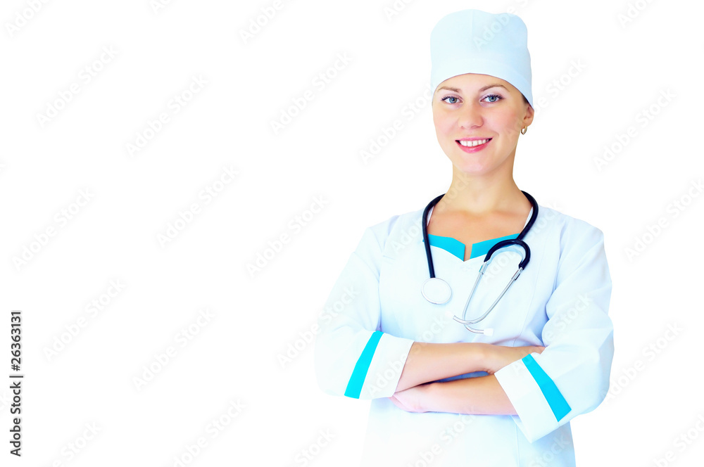 Smiling medical doctor with stethoscope on the hospitals backgro Smiling medical doctor with stethoscope on the hospitals backgro