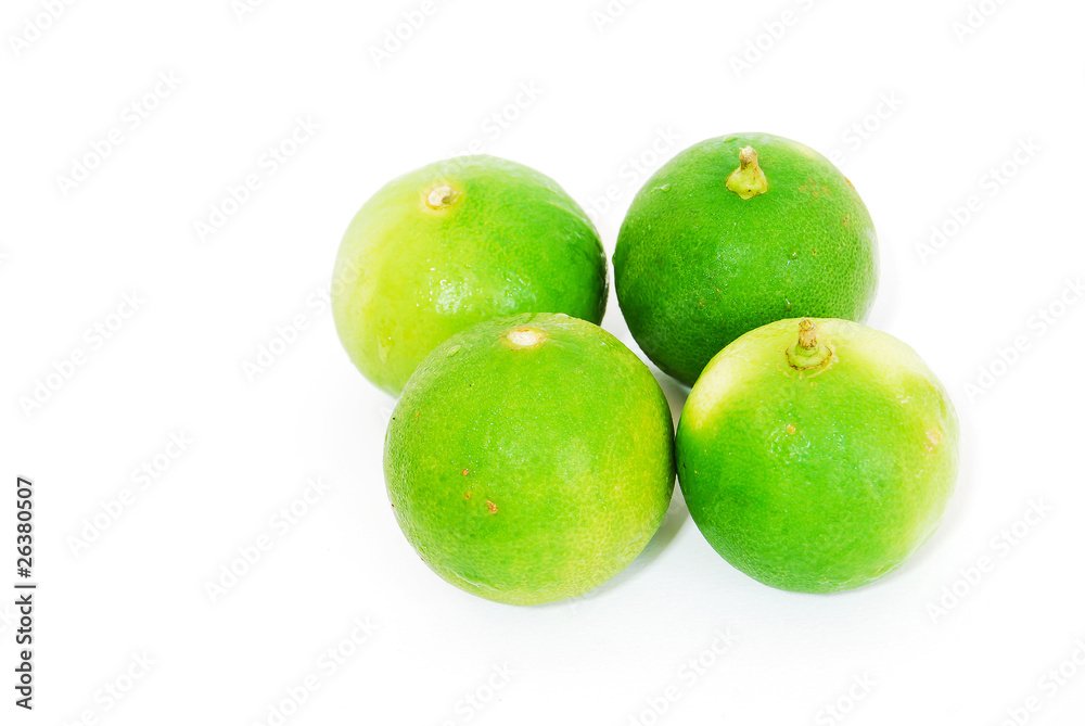 four limes isolated on seamless white background four limes isolated on seamless white background