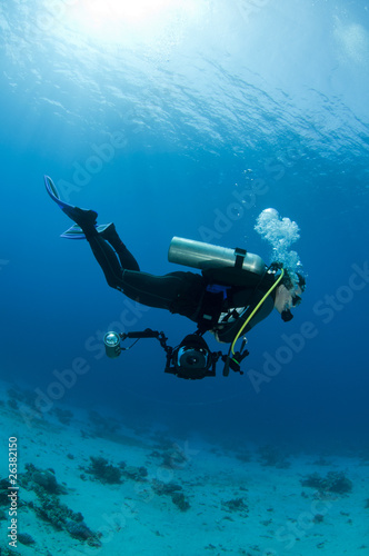 underwater photographer swims with camera