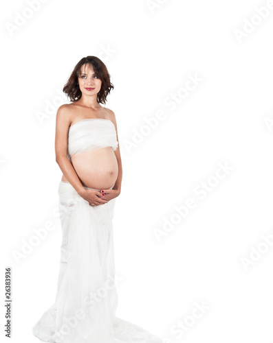 Beautiful young pregnant mother isolated on white