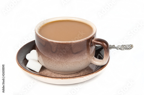 Cup of coffee with cream  sugar and spoon
