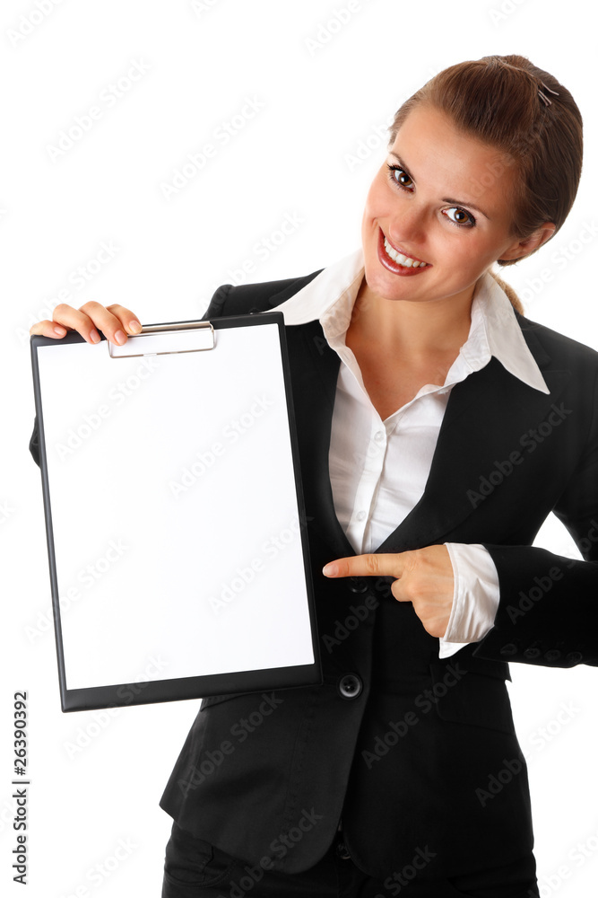 smiling modern business woman pointing finger on blank clipboard smiling modern business woman pointing finger on blank clipboard