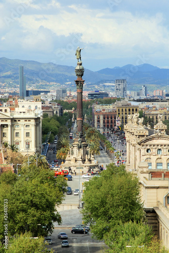 Canvas Print city of barcelona from above,  monument to christopher columbus,