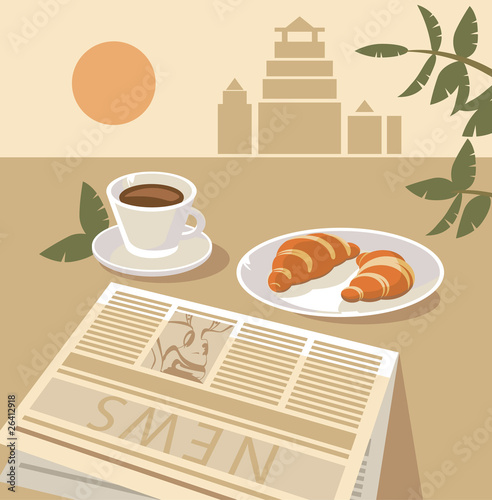 morning still life with cup of coffee and fresh croissant