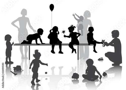 8 children playing with some toys with mothers