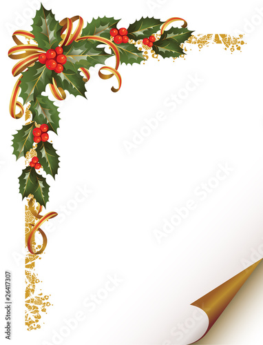 christmas holly branch in the corner of the paper