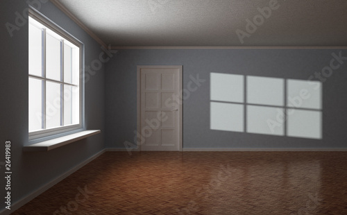 Empty room  with door and window  and sun highlight on the wall 